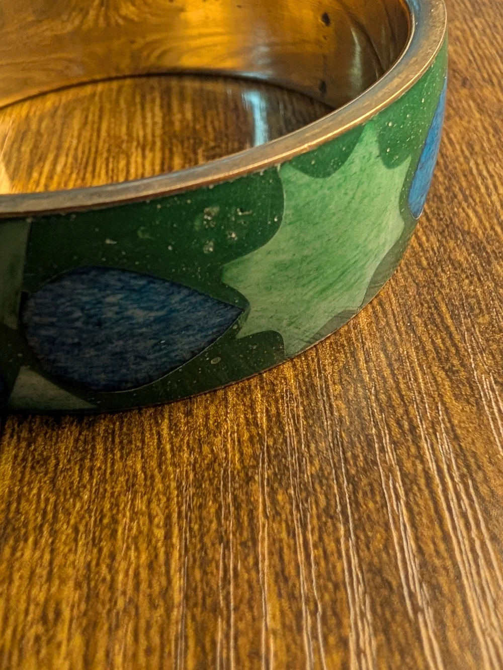 Green and Blue Inlaid Leaf Bangle Enamel Over Brass